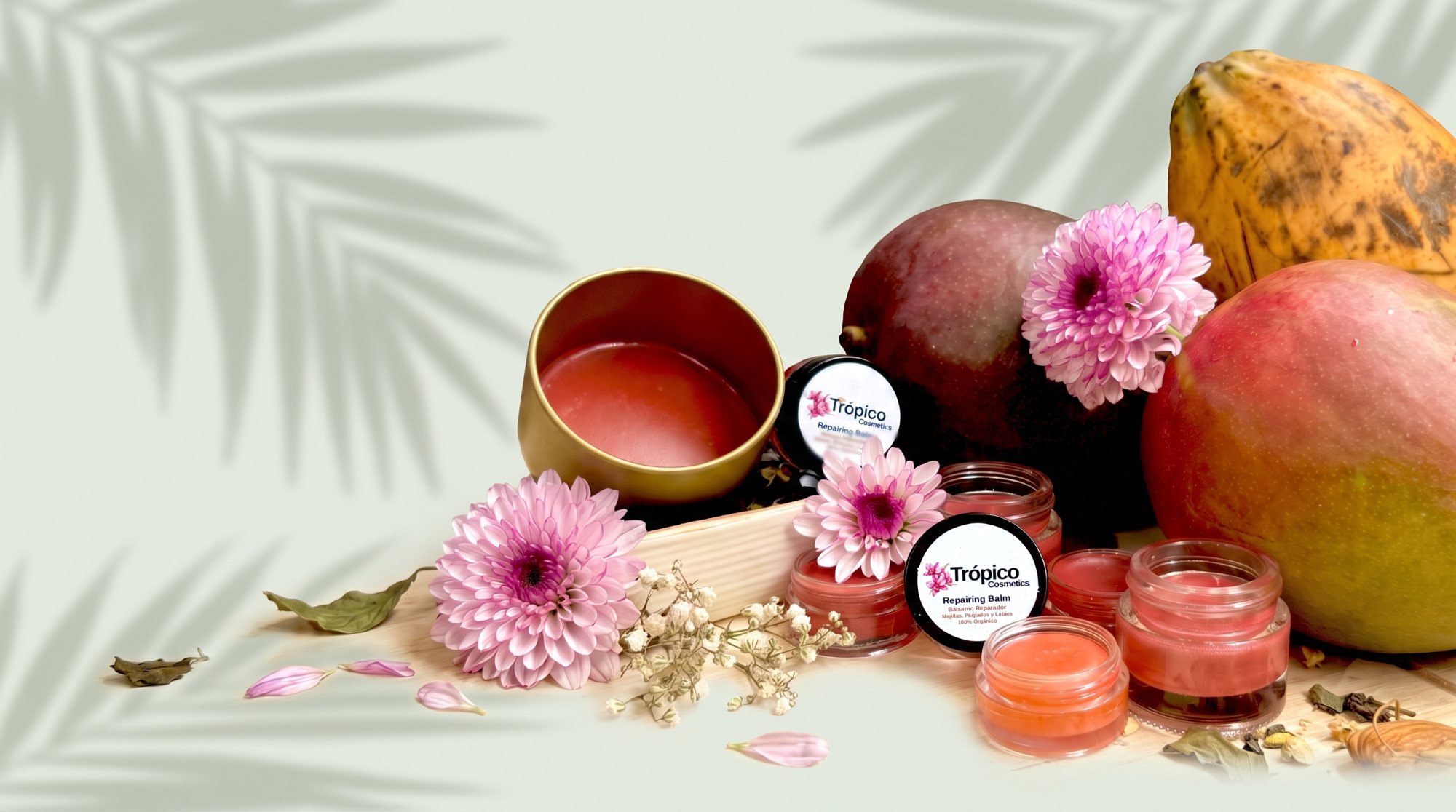 Bálsamos Trópico Cosmetics con mango, cacao y flores